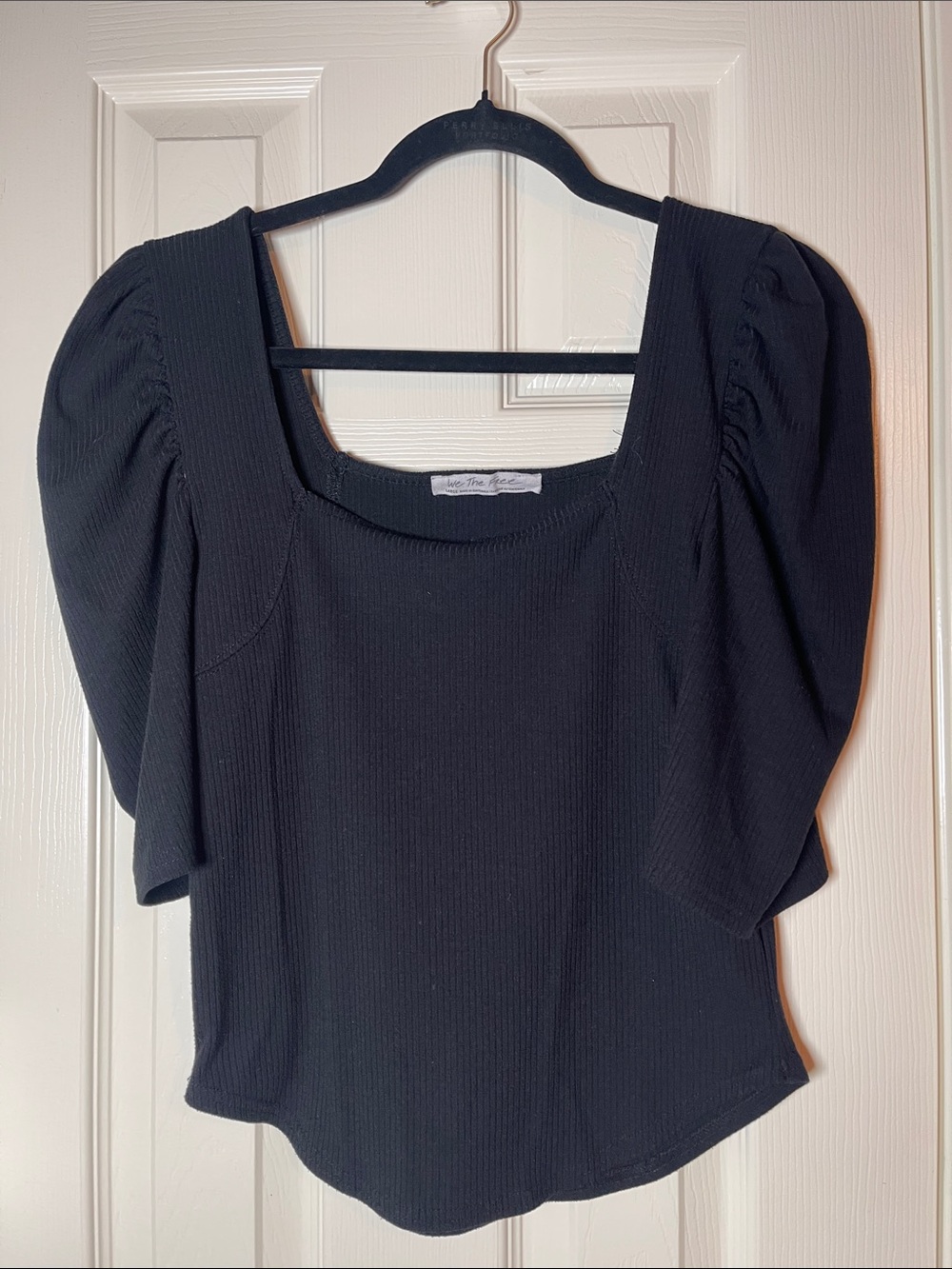We The Free Black Square-Neck Puff Sleeve Ribbed Top